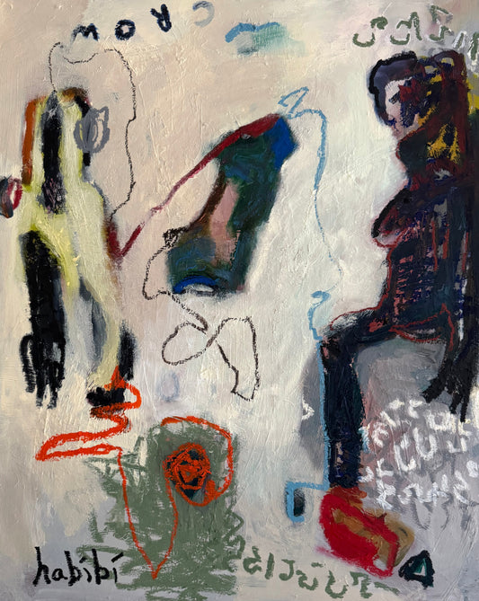 Abstract painting by Christina Habibi titled Show Me the Way, 2026, with fragmented painted forms, gestural lines, layered color and handwritten marks on a pale ground.