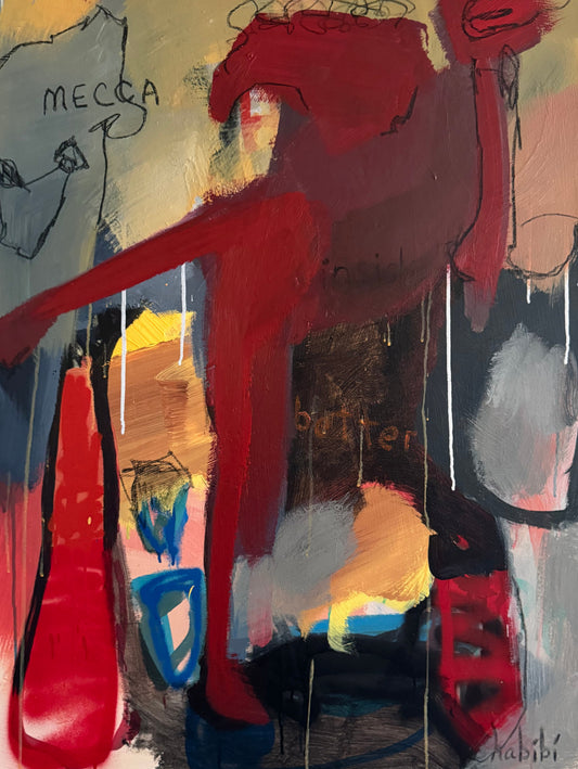 Abstract painting by Christina Habibi titled Super, 2026, featuring a large red biomorphic form surrounded by layered pink, gray, black, yellow, and blue shapes, handwritten marks, drips, and gestural lines.