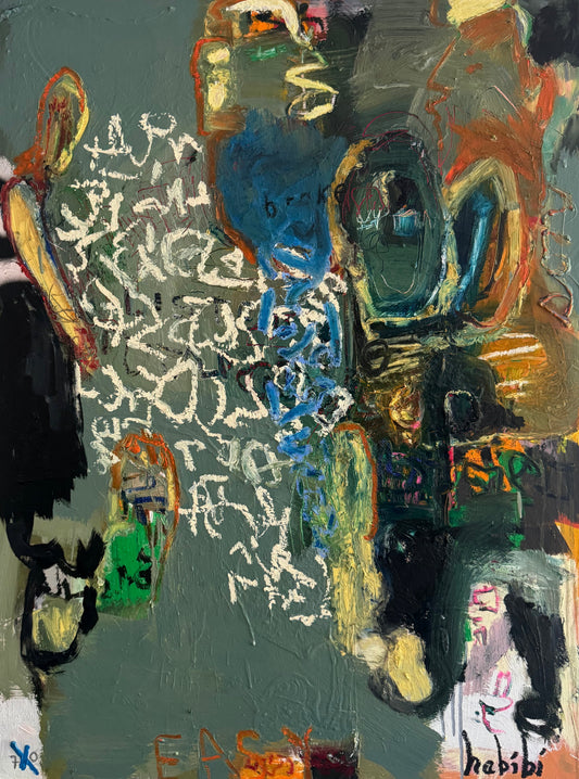 Abstract painting by Christina Habibi titled Butter, 2026, with layered green, black, red, yellow, pink, and blue forms, white looping “scribblin” marks, and handwritten text on canvas.