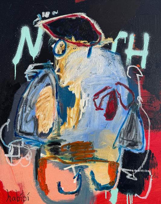Abstract painting by Christina Habibi titled Jelly, 2026, with layered black, pale blue, red, peach, yellow and dark blue forms