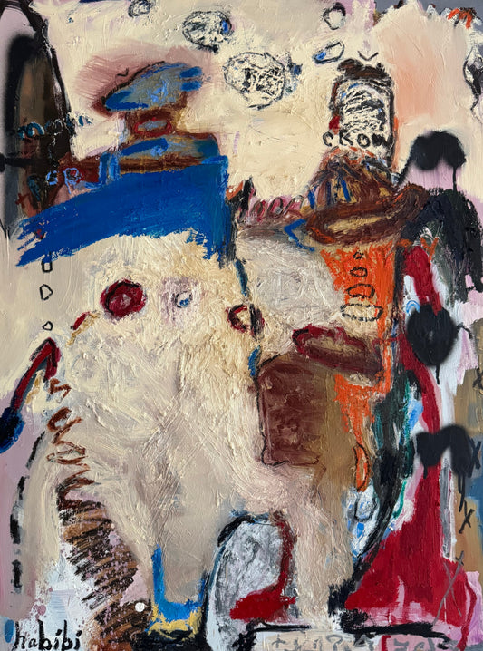 Abstract painting by Christina Habibi titled The Kidnap, 2026, with layered pale, blue, black, red, orange, and brown forms.