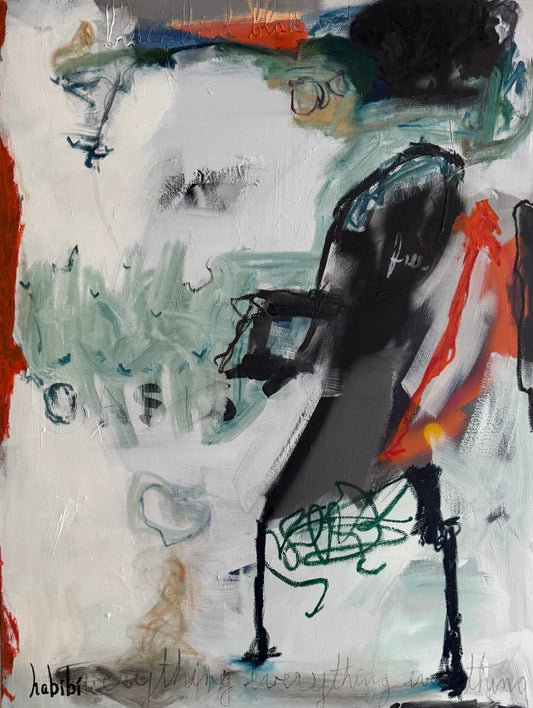 Yours Now, 2025 abstract painting by Christina Habibi with a dark central form, layered linear marks, graphite, spray paint and vivid red, blue and yellow passages.